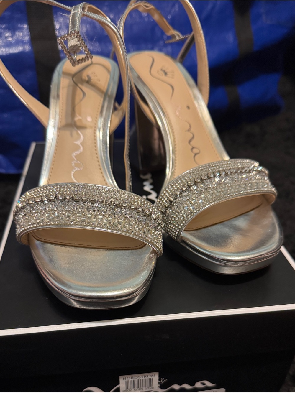 Nina Silver Rhinestone Open-Toe Ankle-Strap Heels